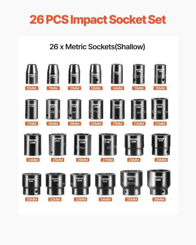 VEVOR 1/2" Drive Impact Socket Set 26-Piece, Metric (10-36mm) Sizes Standard Socket Set CR-V Material for High Durability Impact Wrench