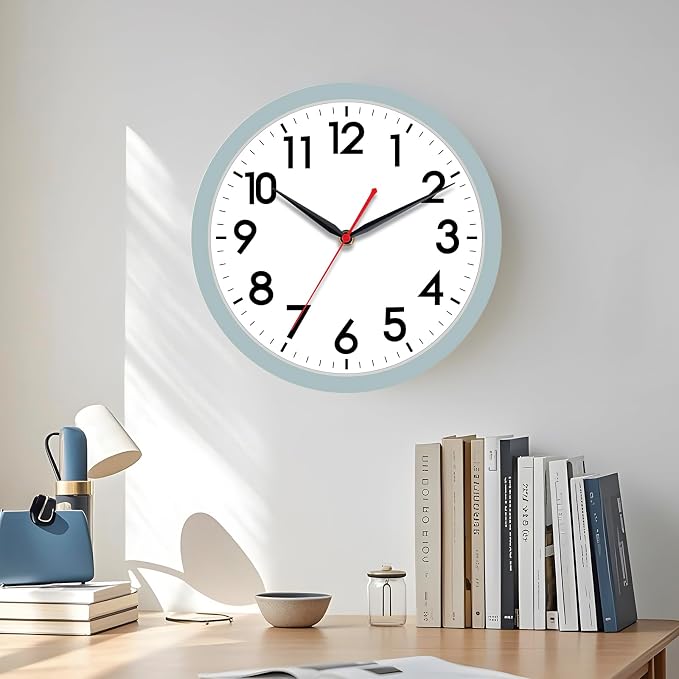 AKCISOT 10 Inch Wall Clock, Battery Operated Analog Clock, Silent Non-Ticking, Ideal for Bedroom, Bathroom, Kitchen, Office and School, Blue Gray