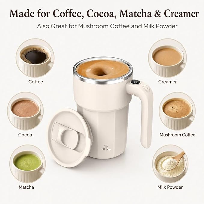 Self Stirring Coffee Mug, 12oz Rechargeable Magnetic Mixing Cup with Temperature Display, 316 Stainless Steel Electric Stirring Cup with Lid & Handle for Coffee, Cocoa, Matcha, Creamer, Mushroom Coffe