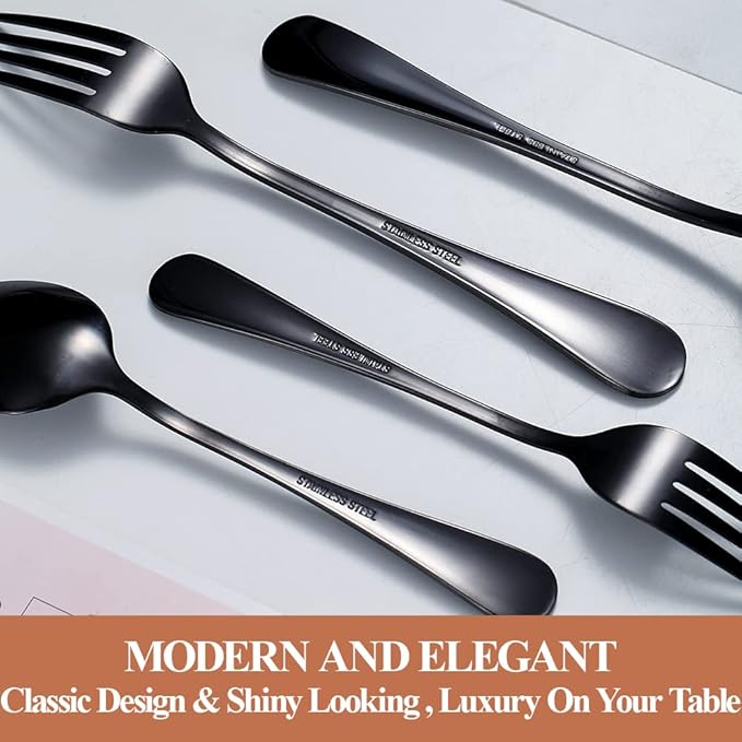 Lazycorner 30 Pcs Black Silverware Set for 6, Mirror Polished Flatware Set Stainless Steel Fork Knife Spoon, Food Grade Eating Utensils Sets, Reusable Silverwear Cutlery Set, Dishwasher Safe