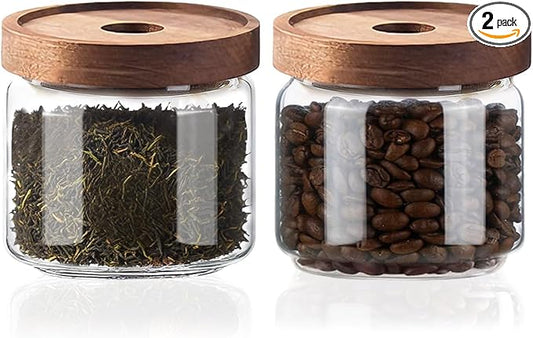 Glass Jars with Airtight Wood Lids - 11 oz Mini Kitchen Pantry Storage Containers, Stackable Decorative Canisters for Chia Seed, Sugar, Tea, Spice, Salt, Matcha, Nuts, Sauce, Cocoa powder, Set of 2