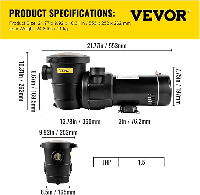 VEVOR 1.5HP Single Speed Above Ground Pool Pump 88 GPM 115V