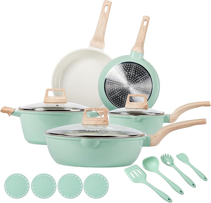 FDN 16Pcs Titanium Pots and Pans Set,Toxic-Free Cookware Set, Dishwasher & Oven Safe, Induction Compatible with Bakelite Wood Grain Handle, Compact and Durable