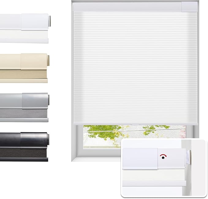 Tonature No Drill Cellular Shades for Indoor Windows, Thermal Insulating & Noise Reducing Honeycomb Blinds, Cordless Free Stop Blinds Light Filtering, White, 36" W x 64" H