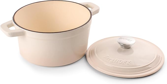 BergHOFF Neo 4Pc Enameled Cast Iron Cookware Set, Grill Pan 11 inches, Fry Pan 10 inches, 3qt. Dutch Oven, Matching Lid, Fast, Evenly Heat, Oven Safe (Meringue)
