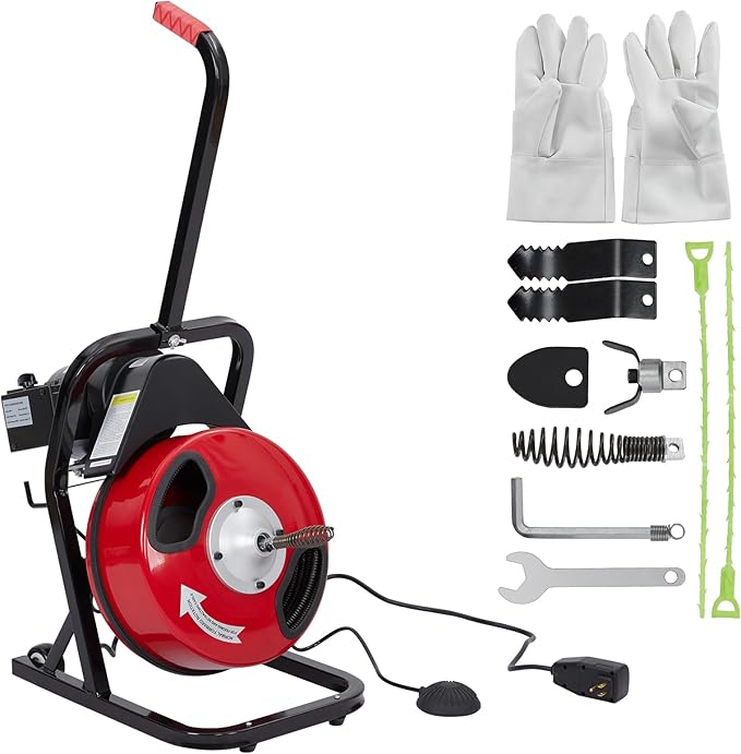 Electric Drain Cleaner Machine, 50FT x 1/2" Cable, 250W Auto-Feed Sewer Snake, 4 Interchangeable Cutter Heads, Air Foot Switch, Portable Auger for 1"-4" Pipes, Home and Commercial Use