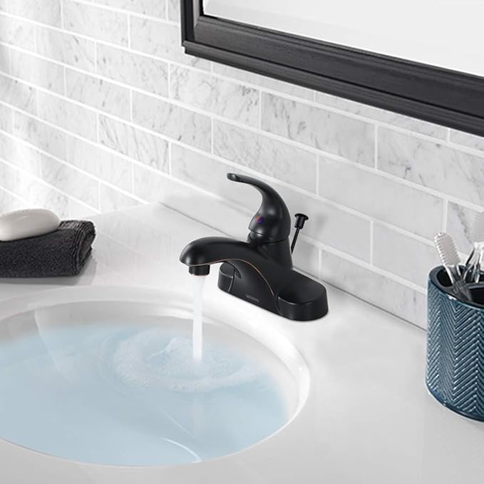 WOWOW Single Handle Commercial Bathroom Faucet Oiled Rubbed Bronze 4 inch Centerset Bathroom Basin Sink Faucets One Handle Vanity Faucets Basin Mixer Tap with Lift Rod Drain Assembly