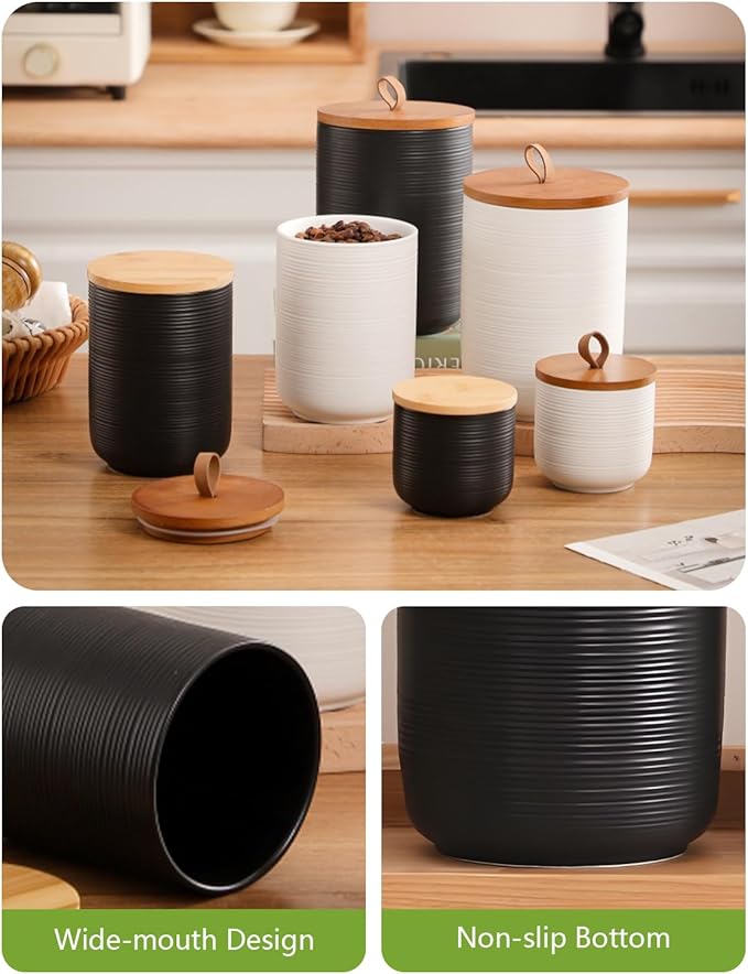 Ceramic Canister with Airtight Seal Lid, Kitchen Canisters for Countertop, Black Food Storage Jar for Flour, Coffee Bean, Sugar, Tea, Spices and More, Home Decor (260ml/8.79oz)