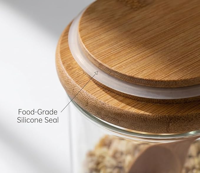 Glass Food Storage Canisters with Airtight Bamboo Lids, Set of 3 Clear Glass Jars with Spoons, 24oz Stackable Kitchen Containers for Coffee, Tea, Sugar, Flour & Pantry Organization