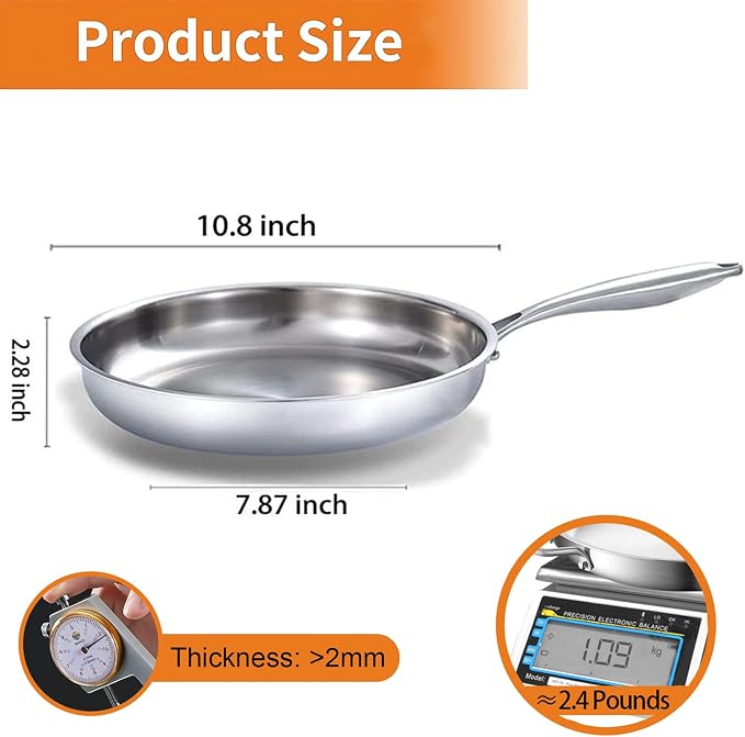 DELARLO Full Clad Tri-Ply Stainless Steel Frying Pan 10 inch | All Stove Compatible Up to 600℉, Heavy Duty, Oven Safe Skillet, 18/10 Cooking Pan, Chef's Pan for Kitchen, Omelette Pan