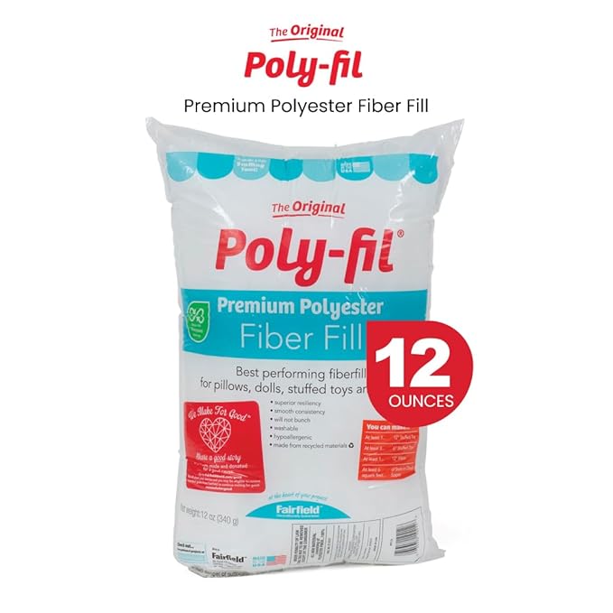 Fairfield The Original Poly-Fil, Premium Polyester Fiber Fill, Soft Pillow Stuffing, Stuffing for Stuffed Animals, Toys, Cloud Decorations, and More, Machine-Washable Poly-Fil Fiber Fill, 12 oz. Bag