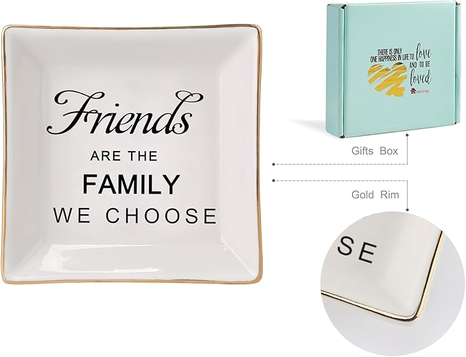 HOME SMILE Birthday Christmas Funny Gifts for Best Friend-Ceramic Ring Dish Jewelry Tray－Friends are Family We Choose