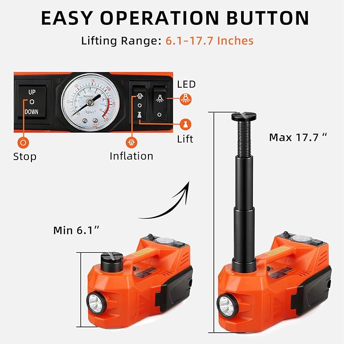 Electric Car Jack, 5 Ton Hydraulic Floor Jack with Electric Impact Wrench, Tire Inflator & LED Light, Lift Range 6.1-17.7 Inch, Emergency Roadside Tire Changing Kit for SUV Sedan Truck