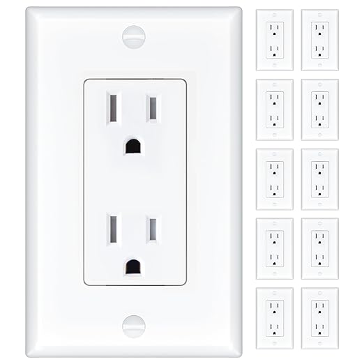Amico 10 Pack Wall Outlet, 15 Amp Outlets, UL Listed, Tamper Resistant Standard Electrical Outlet, Decorator Receptacle with Wall Plate, Suitable for Home and Business, 125V/1875W, White