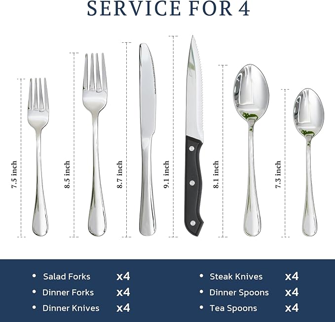Astercook Silverware Set with Steak Knives 24-Piece Flatware Set for 4 Food-Grade Stainless Steel Cutlery Set Mirror Polished Utensils Set Include Spoons and Forks for Home Gifts for Women