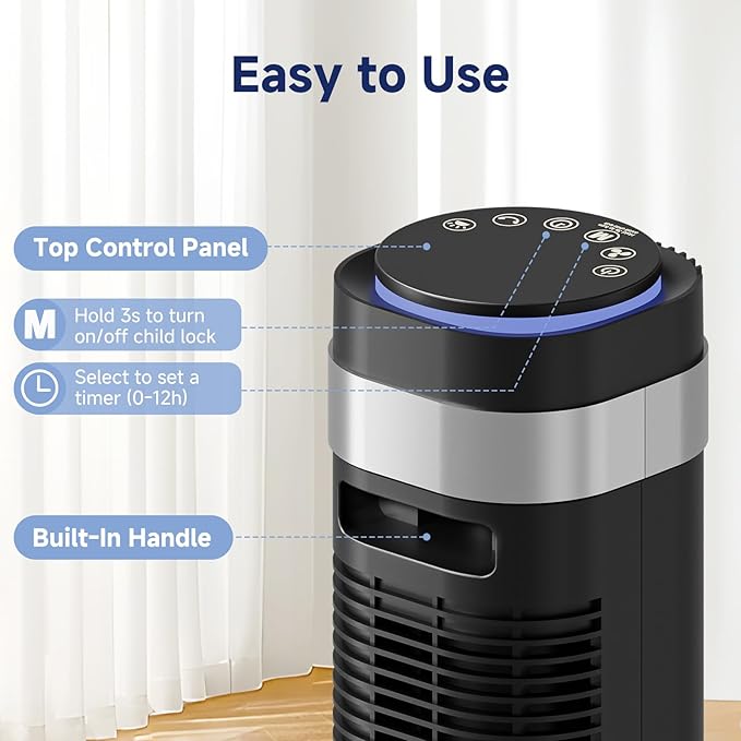 OLIXIS Tower Fan for Bedroom, Floor Standing Fan with Remote, 12H Timer, 5 Speeds, 4 Modes, LED Display, Portable Bladeless Oscillating Cooling Fan for Indoor, Home, Office