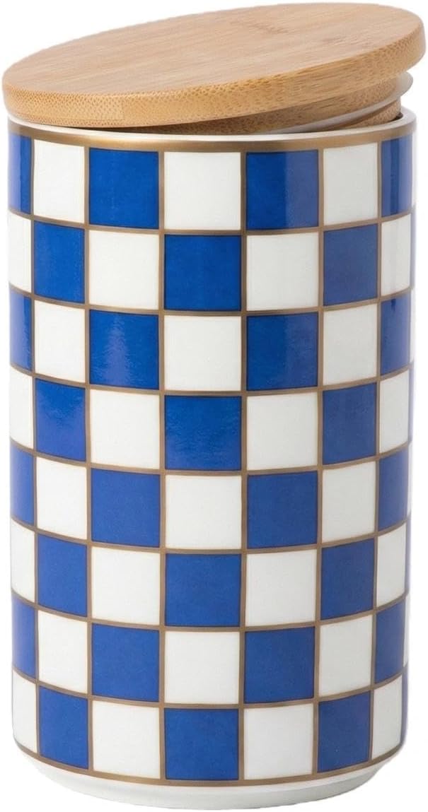 1 Piece Ceramic Coffee Canister, Airtight Coffee Container with Lid for Kitchen Storage (15.8x9cm, Blue Checkered)