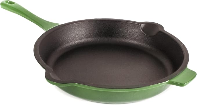 BergHOFF Neo 4Pc Enameled Cast Iron Cookware Set, Grill Pan 11 inches, Fry Pan 10 inches, 3qt. Dutch Oven, Matching Lid, Fast, Evenly Heat, Oven Safe (Green)