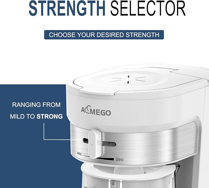 AEMEGO Iced Tea Coffee Maker, Brewing System with 2.5-quart Glass Pitcher, sliding strength selector, Stainless Steel Decoration, Reusable Filter（white）