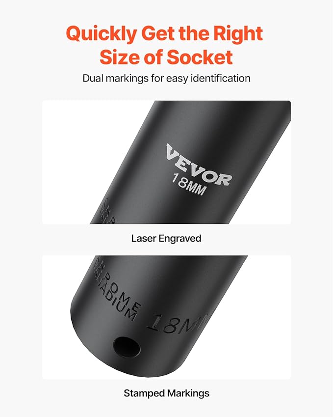 VEVOR Impact Socket Set 1/2 Inches 26 Piece Deep Sockets, 6-Point, Rugged Construction, Cr-V, 1/2 Inches Drive Socket Set Impact Metric 10mm - 36mm, with a Storage Cage