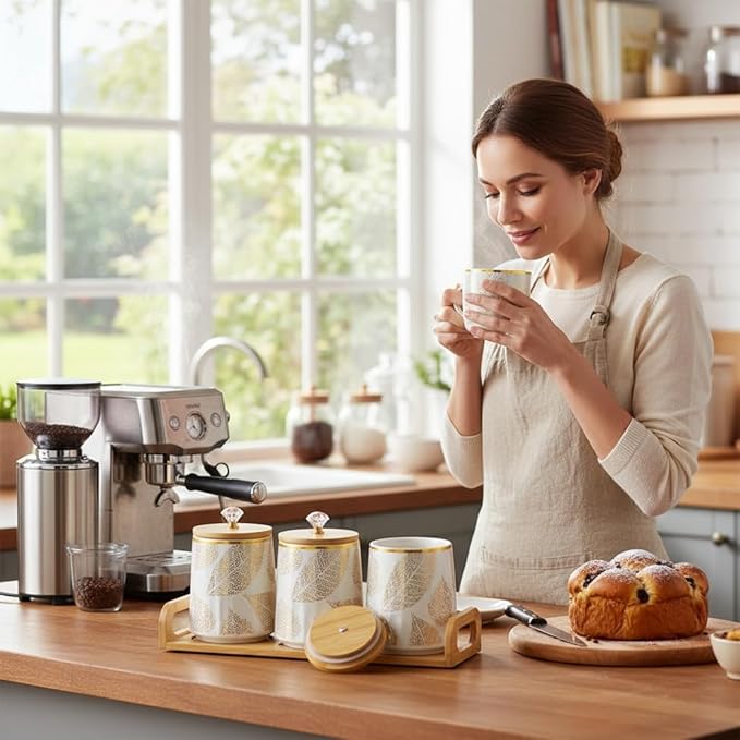 Ceramic Storage Canister for Coffee Sugar Tea Set of 3, Kitchen Pantry Container with Bamboo Lids and Tray, Airtight Food Storage Jars Kitchen Counter Storage Containers for Dining Table