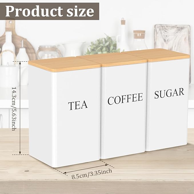 3 Pcs Coffee Tea Sugar Container Set, 1000 ML Metal Teas and Coffee Canisters Set with Bamboo Lids, Black Canisters Sets for Kitchen,Food Storage Container Jars for Kitchen Counter Storage (White)