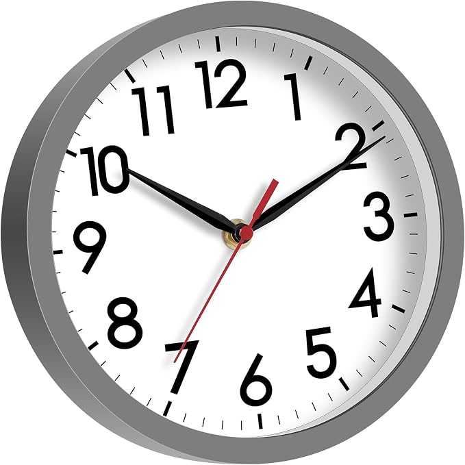 AKCISOT 8 Inch Wall Clock, Battery Operated Analog Clock, Silent Non-Ticking, Ideal for Bedroom, Bathroom, Kitchen, Office and School, Gray