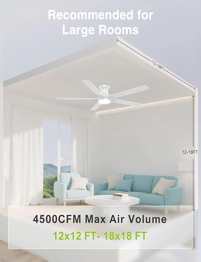 DAMINY 52 inch White Ceiling Fans with Lights,5 Blades,6CCT, Low Profile,Remote Control,for Bedroom, Kitchen,Living Room,Indoor/Outdoor Use,Flush Mount