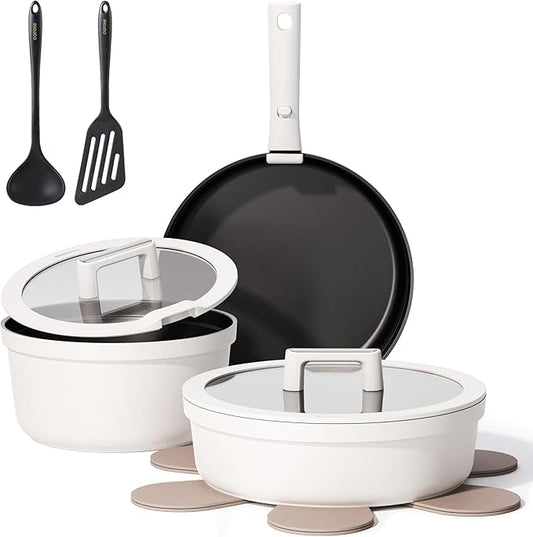 CAROTE 22pcs Pots and Pans Set Non Stick, Detachable Handle Cookware Set White, RV Cooking Set, Dishwasher/Oven/Fridge Safe, Pot and Pan Set, Induction Cookware