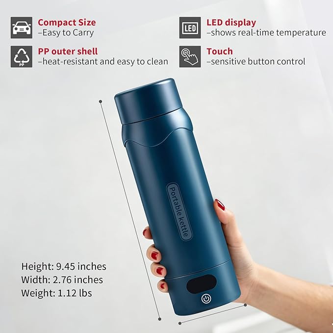 Insulated Stainless Steel Travel Electric Kettle Small, Smart Water Bottle with 4 temperature control, Leak-Proof, Mini Travel Essentials Portable Office Gifts for Tea Lovers, Dark Blue