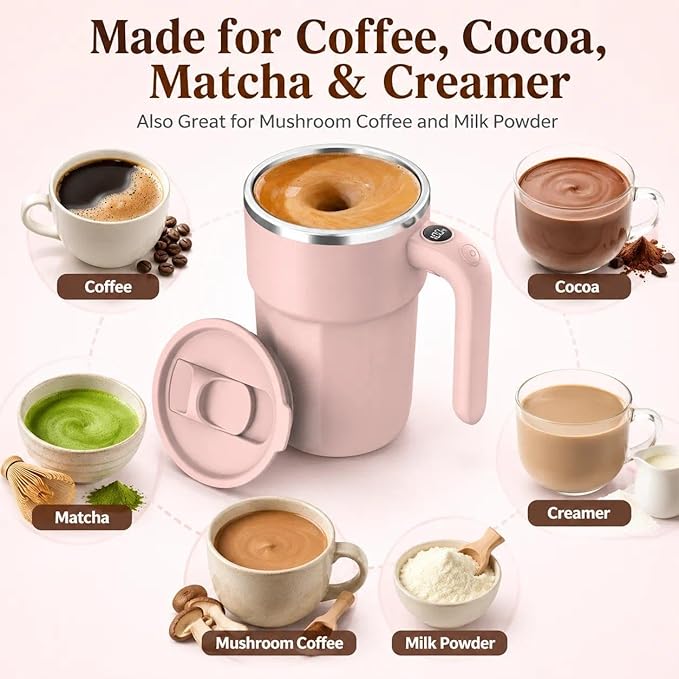 Self Stirring Coffee Mug, 12oz Rechargeable Magnetic Mixing Cup with Temperature Display, 316 Stainless Steel Electric Stirring Cup with Lid & Handle for Coffee, Cocoa, Matcha, Creamer, Mushroom Coffe