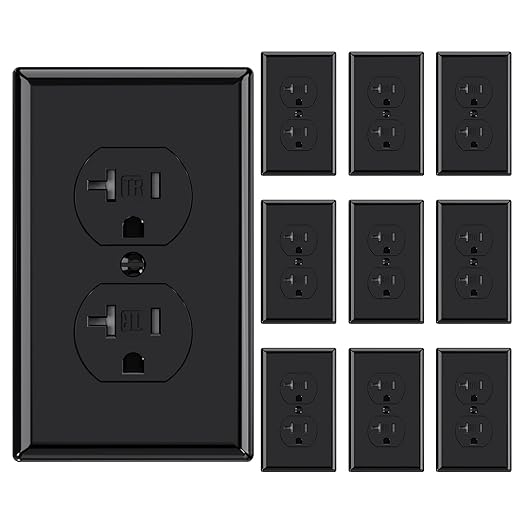AIDA 20 Amps Outlets Duplex Electrical Receptacle Outlets,Tamper Resistant,Heavy-Duty Receptacle Wall Outlet,Residential,TR,3-Wire, Self-Grounding Clip, NEMA 5-20R,UL Listed (10 Pack, Black)