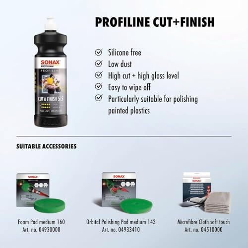 SONAX Cut & Finish 225300 | High Performing Polish/Compound | Rated 5 Cut & 5 Gloss | Removes Paint Defects, P1500 Sanding Marks & Water Spots | Long Work Time & Easy Wipe-Off | Silicone-Free | 1000ml