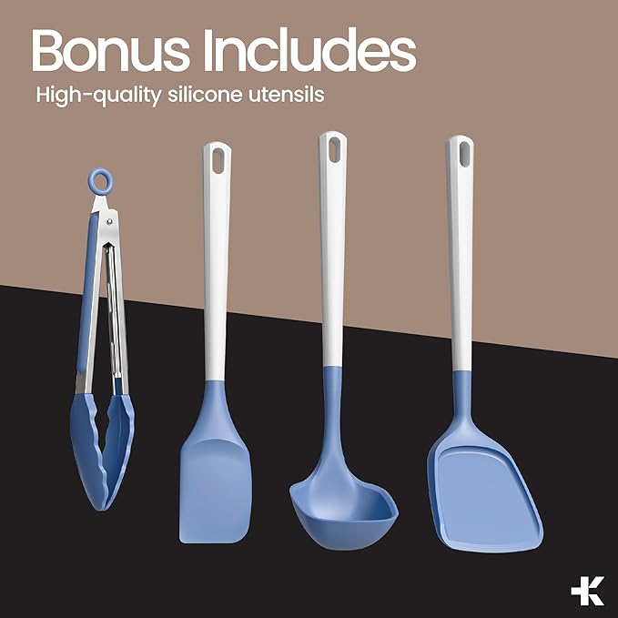 Bakken 12-Piece Aluminum Cookware Set with Ceramic Nonstick Coating, PTFE & PFAS Free, All Stovetop Safe Up To 500°F, Pots and Pans Set with Lids, Silicone Utensils Included, Dishwasher Safe, Blue