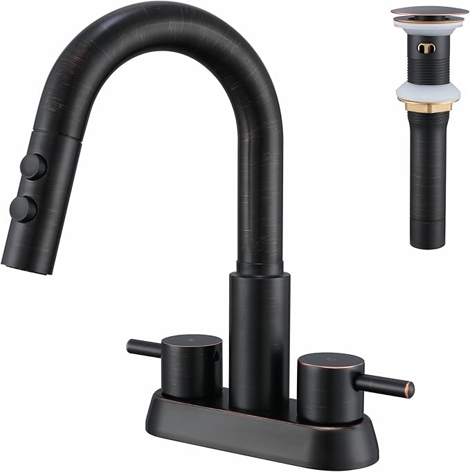 Kablle Bathroom Sink Faucet with Pull Down Sprayer 3 Holes, Oil Rubbed Bronze 4 inch 2 Handles Centerset Laundry Bar Basin Pull Out Faucet with Pop-Up Drain, KBL-MP-6002ORB-CL