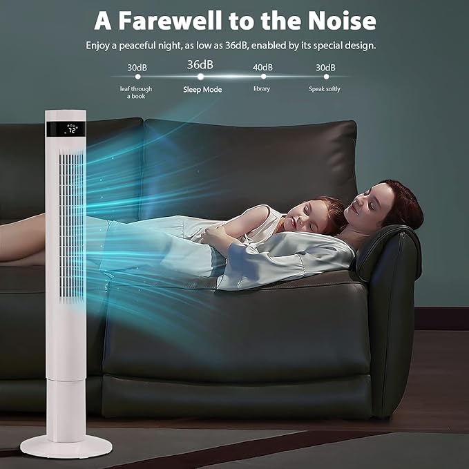 Antarctic Star Tower Fan 85°Oscillating Fan Quiet Cooling 12H Timer Remote Control Bladeless Electric 3 Speeds Wind 3 Modes, 42INCH, WHITE