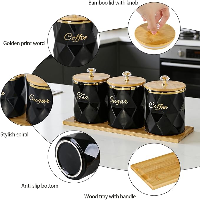 Black Ceramic Storage Canister for Coffee Sugar Tea Containers Set of 3, Coffee Sugar Tea Canisters Set with Bamboo Lids and Tray, Airtight Food Storage Jars for Kitchen Pantry