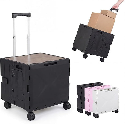 Goplus Foldable Utility Cart, Portable Rolling Crate Handcart with 4 Rotate Wheels, Telescoping Handle, Lid & Cup Holder for Travel, Shopping, Luggage, Grocery, Office & Teacher (Black)