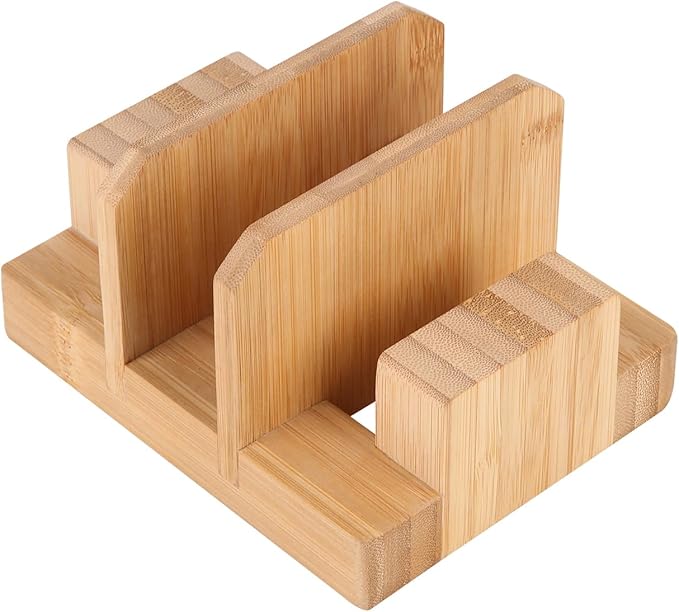 Donxote Bamboo Cutting Board Organizer Rack - Pot Lid, Baking Pan, Bakeware & Knife Holder, Cabinet and Countertop Storage Stand for Kitchen, Dish, Plate, and Cookbook