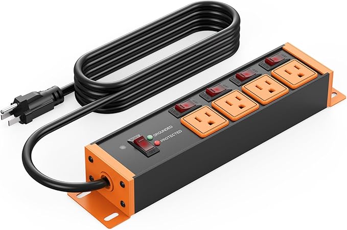 CCCEI Heavy Duty Surge Protector Power Strip 20 Amp Individual Switches. 12FT 12 Gauge Extension Cord with Multiple Outlets. Kitchen, Garage, Shop, Industrial Wall Mount Electric Extender, Orange.