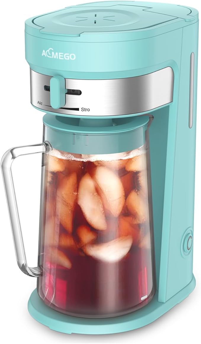 AEMEGO Iced Tea Maker, Brewing System with 2.5-quart Glass Pitcher, sliding strength selector, Stainless Steel Decoration, Reusable Filter (Green)