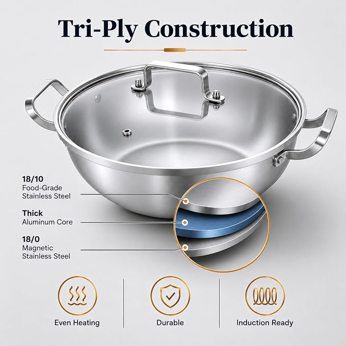 Delarlo Tri-Ply Stainless Steel Hot Pot 13 inch Everyday pan With lid,5QT | Deep Saute Pan, High Side Kitchen Cooking Pot, Chef's Pans, Induction Deep Frying Pan, 5QT Stock Pot, Up to 550℉