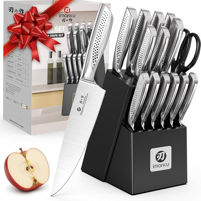 imarku 15-Piece Knife Set with Block, High Carbon Stainless Steel Kitchen Knives with Built-in Sharpener, Dishwasher Safe, Ergonomic Non-Slip Handle, Perfect for Home Cooks & Chefs, Black