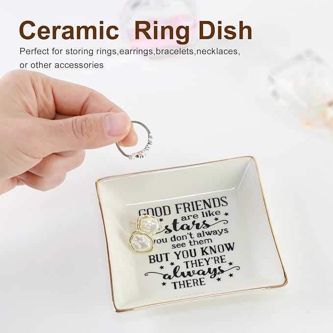 HOME SMILE Good Friends Bestie Birthday Gifts for Women Her Ring Trinket Dish Jewelry Tray-Good Friends are Like Stars - You Don't Always See Them But You Know They're Always There, Friendship Gifts