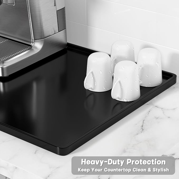 Rnivvi Silicone Coffee Mat, 12" x 19" Waterproof Raised Edge Coffee Bar Mats for Espresso Machine Station Accessories, Heat Resistant Dish Drying Pad for Kitchen Counter, Rubber Bar Decor Pad, Black