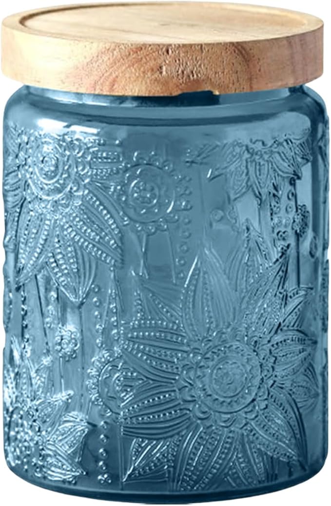 Glass Jar with Lid, Vintage Glass Storage Jars with Airtight Lid Coffee Canister Sugar Container for Kitchen Counter Pantry, Spice, Candy, Coffee Beans, Tea, Cookie (24 FL OZ Blue Sunflower)