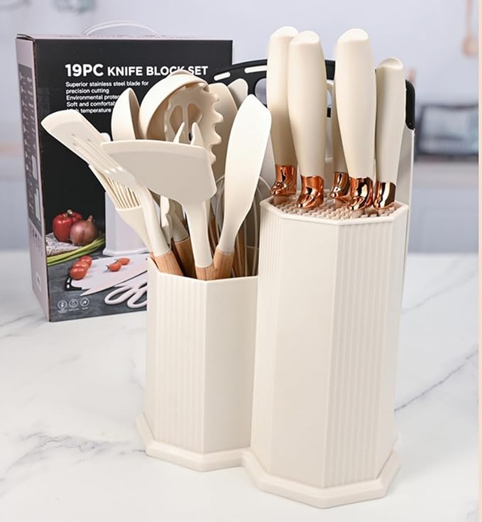 Kitchen Cooking Utensils and Knife Set with Holder Block, 19 Pieces Cooks Cutting Set 11 Pcs Silicone Cooking Utensils Sharp Stainless Steel Knives Scissors Whisk Tongs and Cutting Board (Purple)