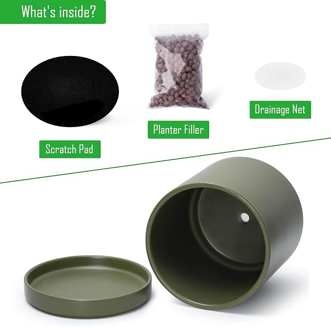 D'vine Dev 10 Inch Ceramic Planter Pot, Olive, 94-O-E-J | Modern Cylinder Design, Drainage Hole & Saucer Included, Stable Structure, Elegant Home Accent