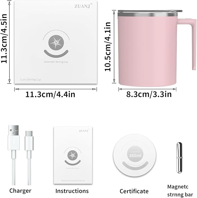 Self Stirring Mug, 12.2 oz Self Stirring Coffee Mug with Magnetic Stirrer & Anti-Sedimentation, Rechargeable Auto Magnetic Coffee Mug for Coffee, Milk, Hot Cocoa (Pink)