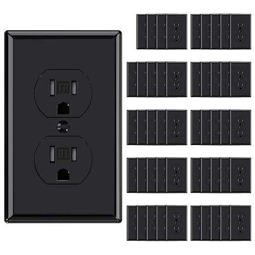 AIDA 50 Pack Black Standard Duplex Electrical Wall Receptacle Outlet, 15A 125V, 2 Pole 3 Wire, Tamper Resistant, NEMA 5-15R, Self-Grounding, Wall Plate Included, UL Listed
